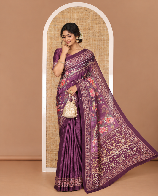 Wine kaleidoscopic colored intricate printed with mirrorwork masakali saree, printed border, print with mirror work pallu, and a matching blouse