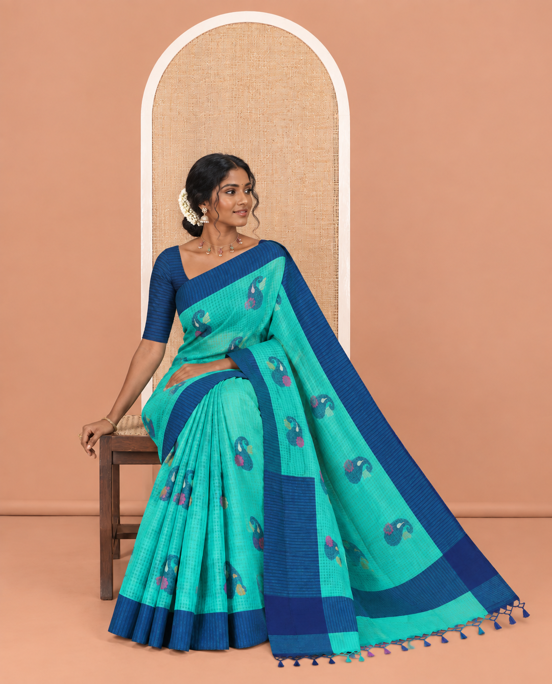 Rama Green Kota Chex Saree Features Floral-Triangle Thread Weave, a Contrast Border, and a Matching Blouse