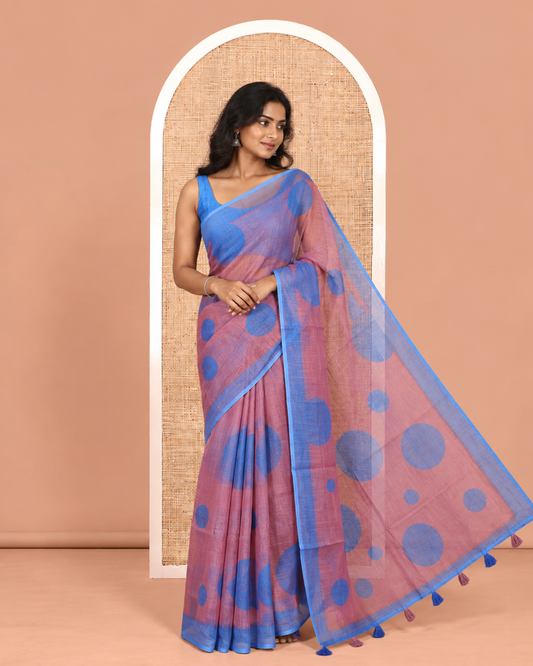 Dusky Purple Linen Cotton Saree, Subtly Sparkled with Polka Dot Buttas, a Contrast Border, a Contrast Blouse