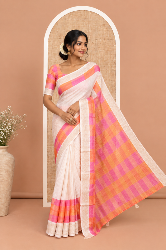Cream-Pink Checked Semi-Tussar Saree, a Contrast Madras-Checked Border, a Contrast Blouse
