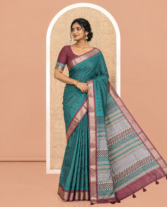 Green Art Tussar Saree, Accentuated with Geometric Patterns, a Contrast Zari Border, a Geometric Pallu, and a Contrast Blouse