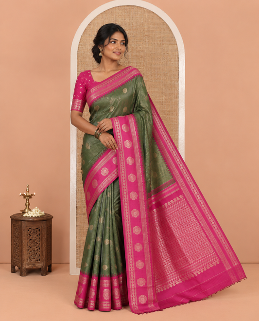 Olive Green Kanchi Silk Saree, Adorned with Zari Buttas and Stripes, Contrast Traditional Zari Border, Jaal Pallu, a Contrast Blouse