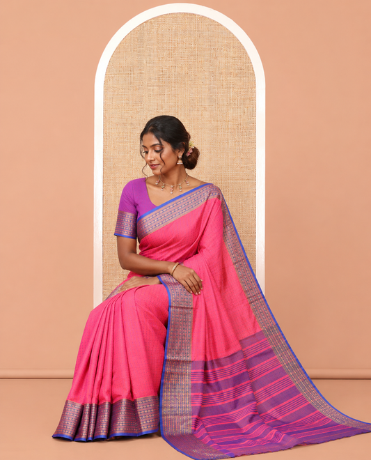 Pink Semi-Soft Silk Saree, Elevated with Plus-Shaped Buttas, Complemented by a Contrast Border, Striped Pallu, and a Contrast Blouse