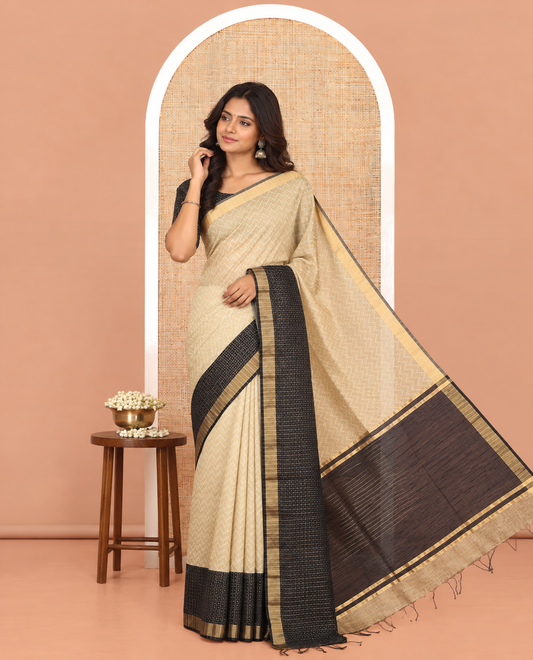 Chikku Semi-Raw Silk Saree, Delicately Woven with Zig-Zag Stripes, Contrast Border of Butta Enclosed Checks, Striped Pallu, and a Contrast Blouse