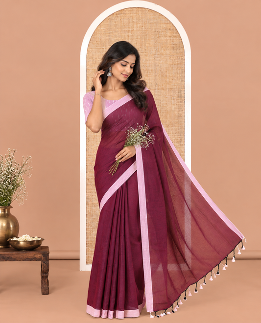 Purple Plain Khadi Cotton Saree, a Contrast Border, a Self-Pallu, and No Blouse