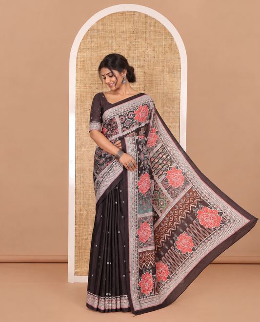 Black geometric and floral printed with mirror work masakali saree, self-border, printed and mirror work pallu, and a matching blouse