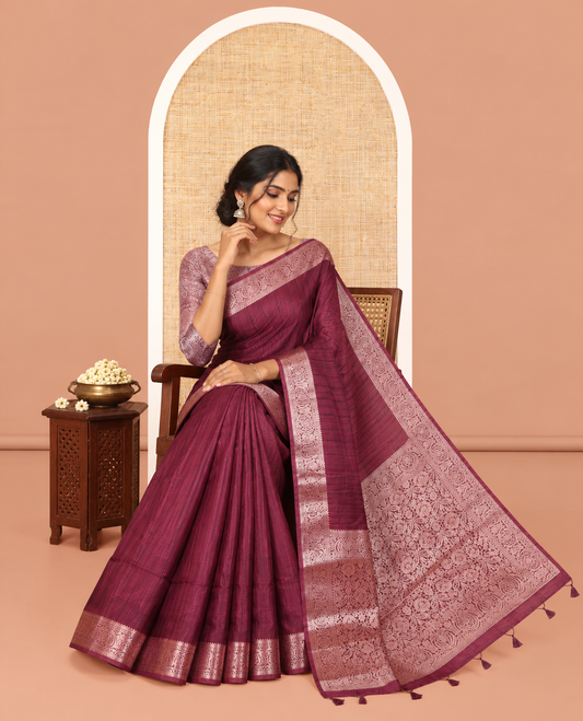 Purple Fancy Tussar Saree, Intricate Border, Grand Pallu, a Printed Blouse, Matching Brocade Blouse