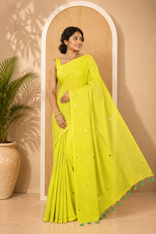 Borderless Lemon Yellow Mul Cotton Saree, Subtly Sparkled With Big Sequins Work On Its Body, a Self-Pallu and Paired with a Matching Blouse