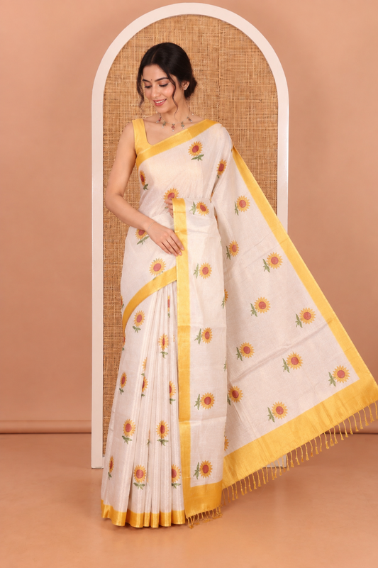 Gold Tissue Saree, Prettified with Sunflower Print, a Contrast Border, and a Contrast Blouse