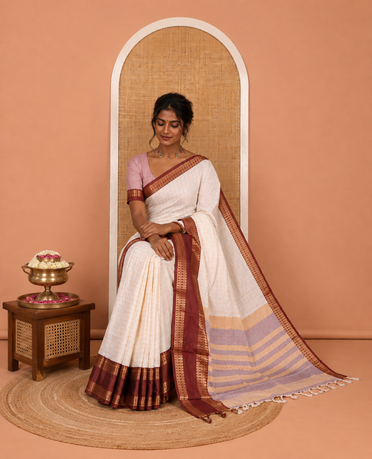 Cream-Maroon Checked Art Soft Silk Saree, Complemented by Contrast Traditional Retai Pettu Border, Striped Pallu, and a Contrast Blouse