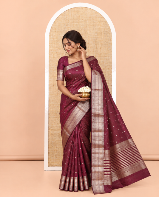 Purple Semi-Tussar Saree, Enriched with Zari Buttas and Checks, a Traditional Zari Border, and a Matching Blouse