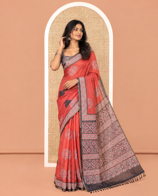 Red Linen Cotton Saree, Enthralled with Polka Dots and Ajrakh Print, Contrast Ajrakh Printed Border, and a Contrast Blouse