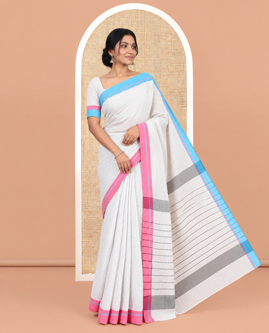 White Checked Chettinad Cotton Saree, a Contrast Ganga-Jamuna Border, Striped Pallu, No Blouse