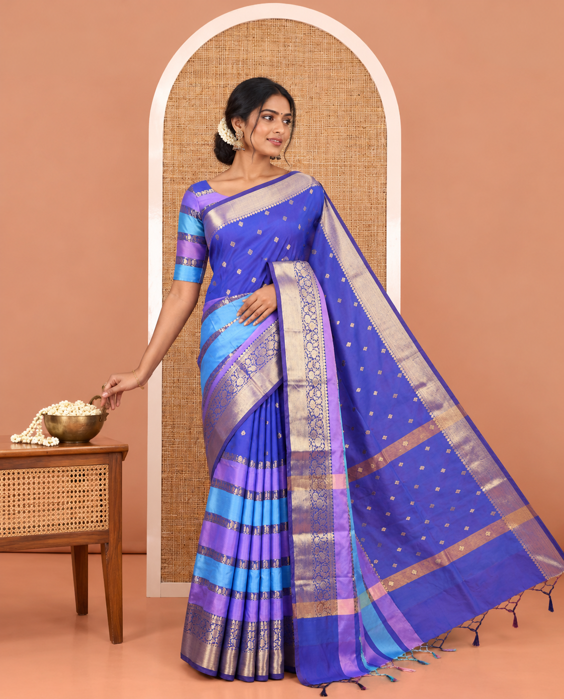 Blue Semi-Katan Silk Saree, Adorned with Zari Designs, Contrast Floral Creeper Border, Self-Pallu, and Matching Blouse