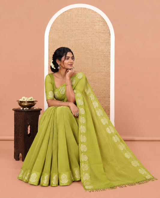 Green Plain Moss Chiffon Saree, Highlighted by Gold Zari Floral Border, and a Self-Pallu