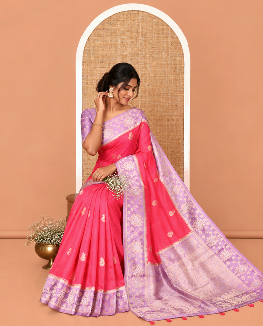 Rani Pink Fancy Raw Silk Saree, Adorned with Floral Zari Buttas, a Contrast Floral Temple Border, Intricate Pallu, and a Contrast Blouse