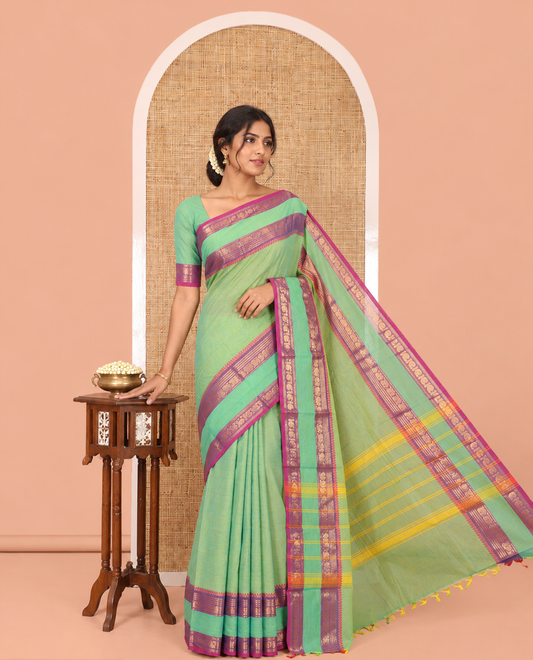 Sea Green Plain Chettinad Cotton Saree, Complemented by a Contrast Rettai Pettu Traditional Border,  Striped Pallu, and Matching Blouse