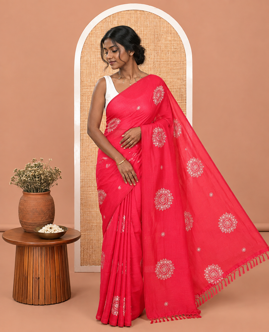 Borderless Pink Vichitra Silk Saree, Enriched with Circle Buttas, a Self-Pallu, and No Blouse