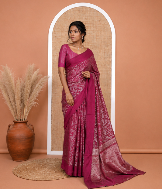 Purple Semi-Tussar Saree, Elevated with Floral Jacquard Design, an Embossed Border, a Floral Pallu, and a Matching Blouse