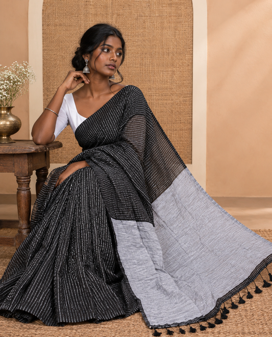 Borderless Black Zari Striped Khadi Cotton Saree, Contrast Pallu, and No Blouse