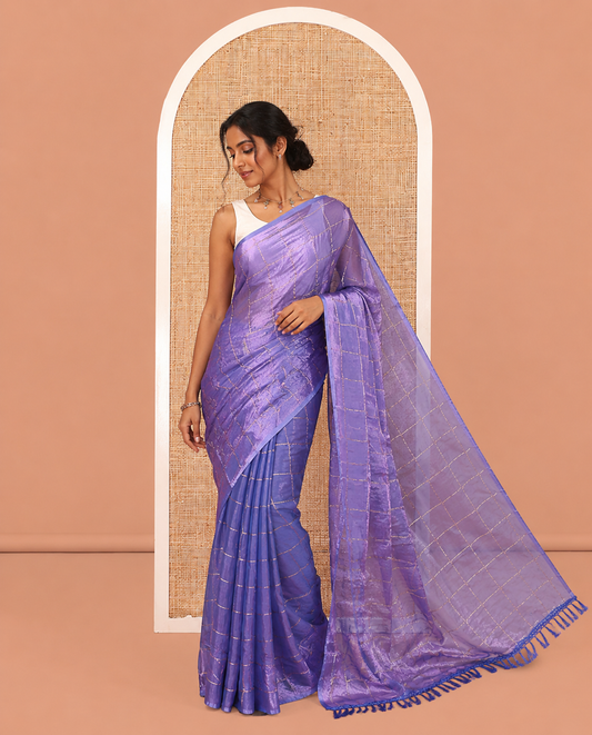 Borderless Indigo Blue Fendi Chiffon Saree, Elevated with Checks, a Self-Pallu, and No Blouse