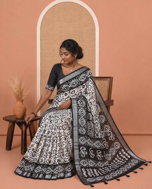 Cream Jute Linen Saree Features Batik Floral Print, Zari Border, Printed Pallu, Contrast Blouse