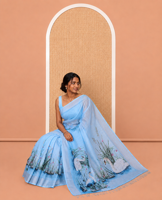 Blue Linen Cotton Saree, Accentuated with a Bird Print, a Subtle Zari Border, and a Matching Blouse