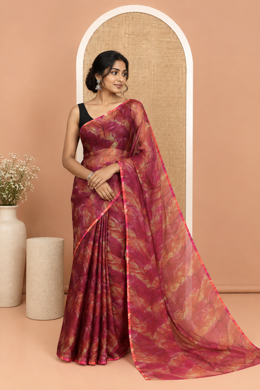 Borderless Purple Rangoli Chiffon Saree, Accentuated with All-Over Abstract Print, and Comes Without Blouse