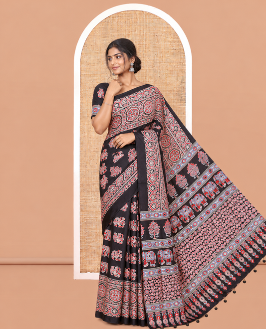 Black Satin Crepe Saree, Adorned with Ajrakh and Elephant Print, Intricately Printed Border, a Matching Blouse