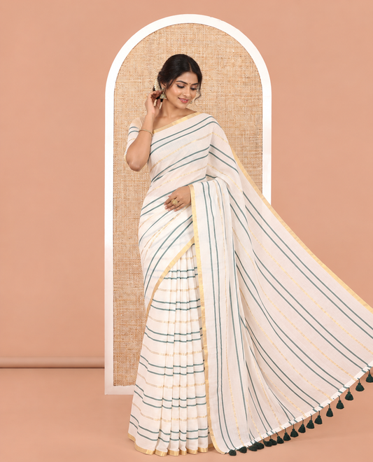 Cream Khadi Mul Cotton Saree