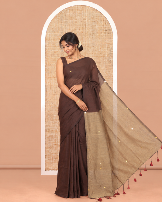 Borderless Brown Khadi Cotton Saree