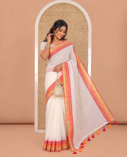 Cream Plain Khadi Mul Cotton Saree, Complemented by a Contrast Golden Zari Striped Border, Subtle Self-Pallu, and Paired with a Running Blouse