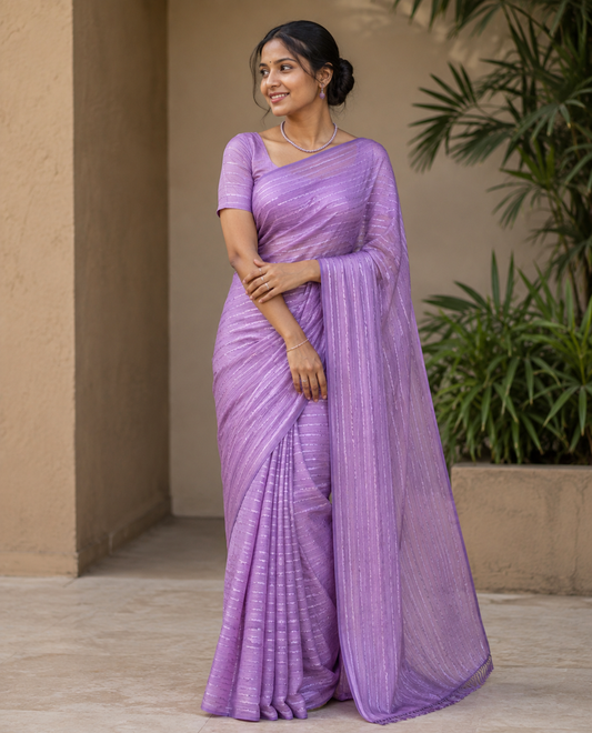 Borderless Lavender Vichitra Silk Saree, Elevated with Horizontal Stripes and Sequin Stripes, Paired with a Matching Blouse