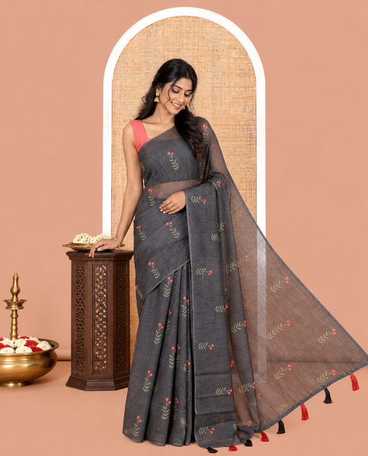 Borderless Black-Red Linen Cotton Saree