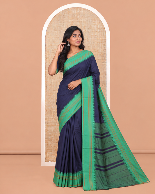 Navy Blue-Green Plain Mercerised Cotton Saree