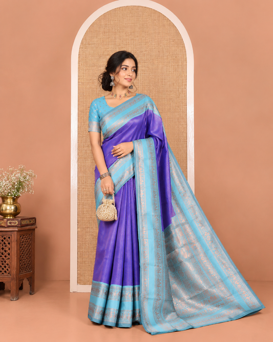 Blue Litchi Saree, Gleamed Up with Micro-Zari Checked Design on Its Body, Complemented by a Contrast Rettai Pettu Zari Design Border, Grandly Designed Pallu, and Paired with a Contrast Blouse
