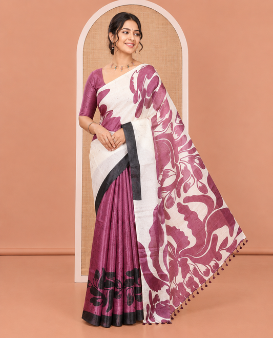 Cream and Purple Art Khadi Cotton Saree, Adorned With Half-and-Half-style Floral Print On Its Body, Highlighted by Contrast Piping Border, Self-Pallu and Paired with a Contrast Blouse