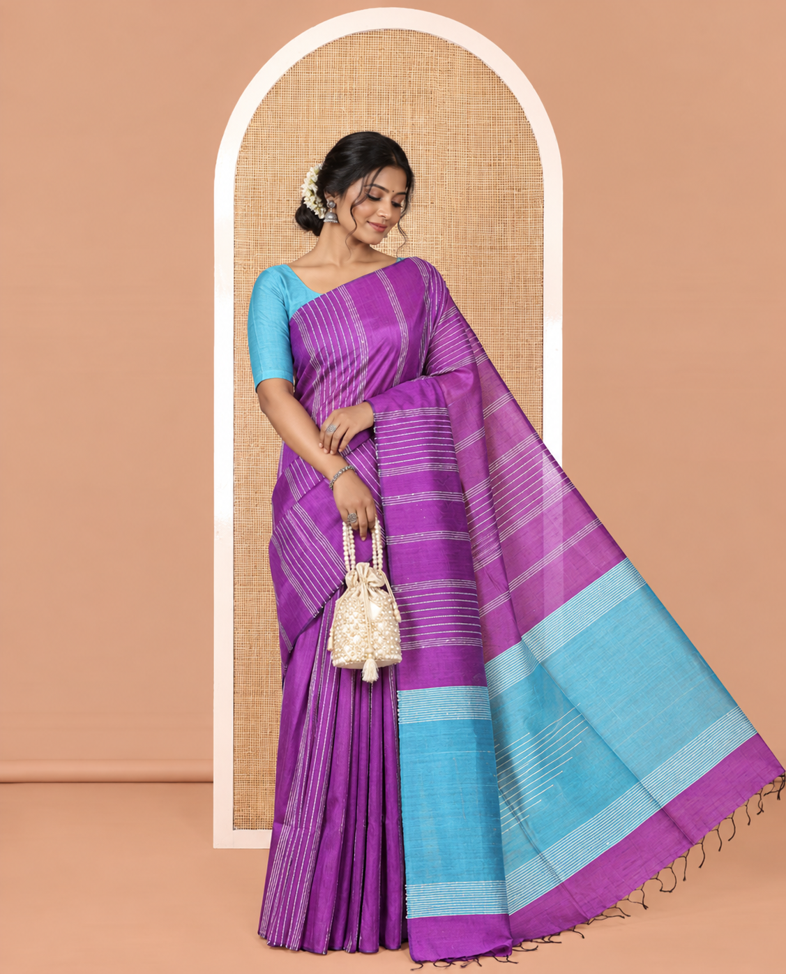 Borderless Violet Semi-Raw Silk Saree, Decorated with Sequined Stripes, a Contrast Zari Striped Pallu, and Contrast Blouse