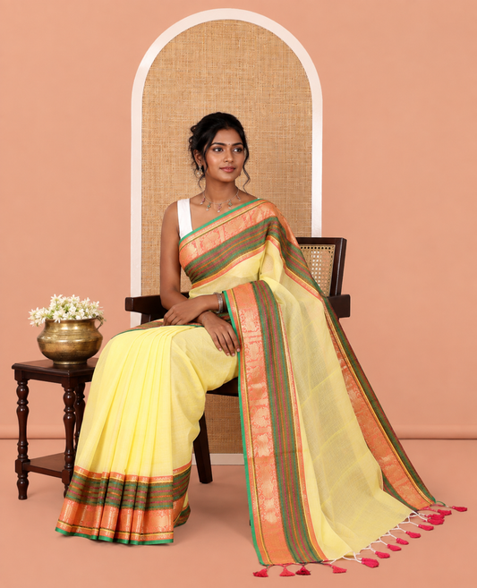 Yellow Plain Khadi Mul Cotton Saree, Complemented by Contrast Yaali-Peacock Traditional Border, Self-Pallu, and No Blouse