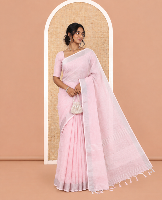 Baby Pink Plain Linen-Cotton Saree, a Zari Border, Striped Pallu, and a Matching Blouse