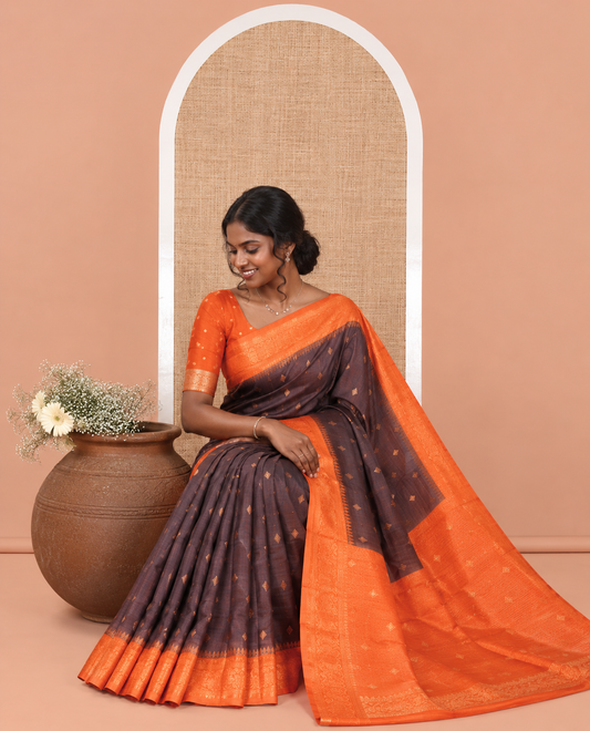 Brown Art Kanchi Silk Saree, Adorned with Buttas, a Contrast Traditional Zari Border, Intricate Pallu, and a Contrast Blouse