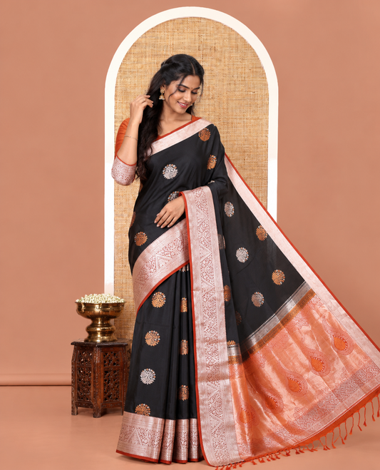 Black-Rust Semi-Soft Silk Saree, Finely Woven with Zari Buttas All Over Its Body, Complemented by a Contrast Traditional Zari Design Border, Intricately Designed Pallu, and Paired with a Contrast Blouse