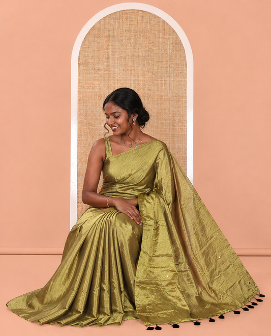 Borderless Mehenti Khadi Tissue Saree, Gleamed Up with Sequin Work, a Self-Pallu, and a Matching Blouse