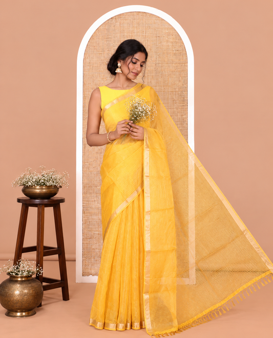 Yellow Semi-Organza Chex Saree