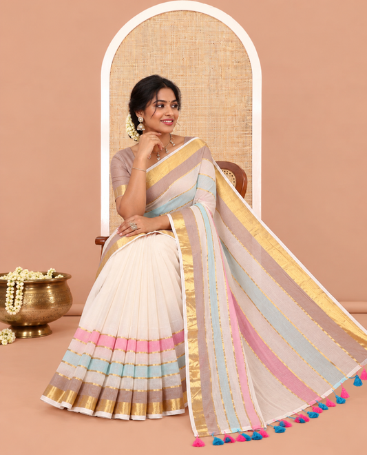 Cream Khadi Mul Cotton Saree