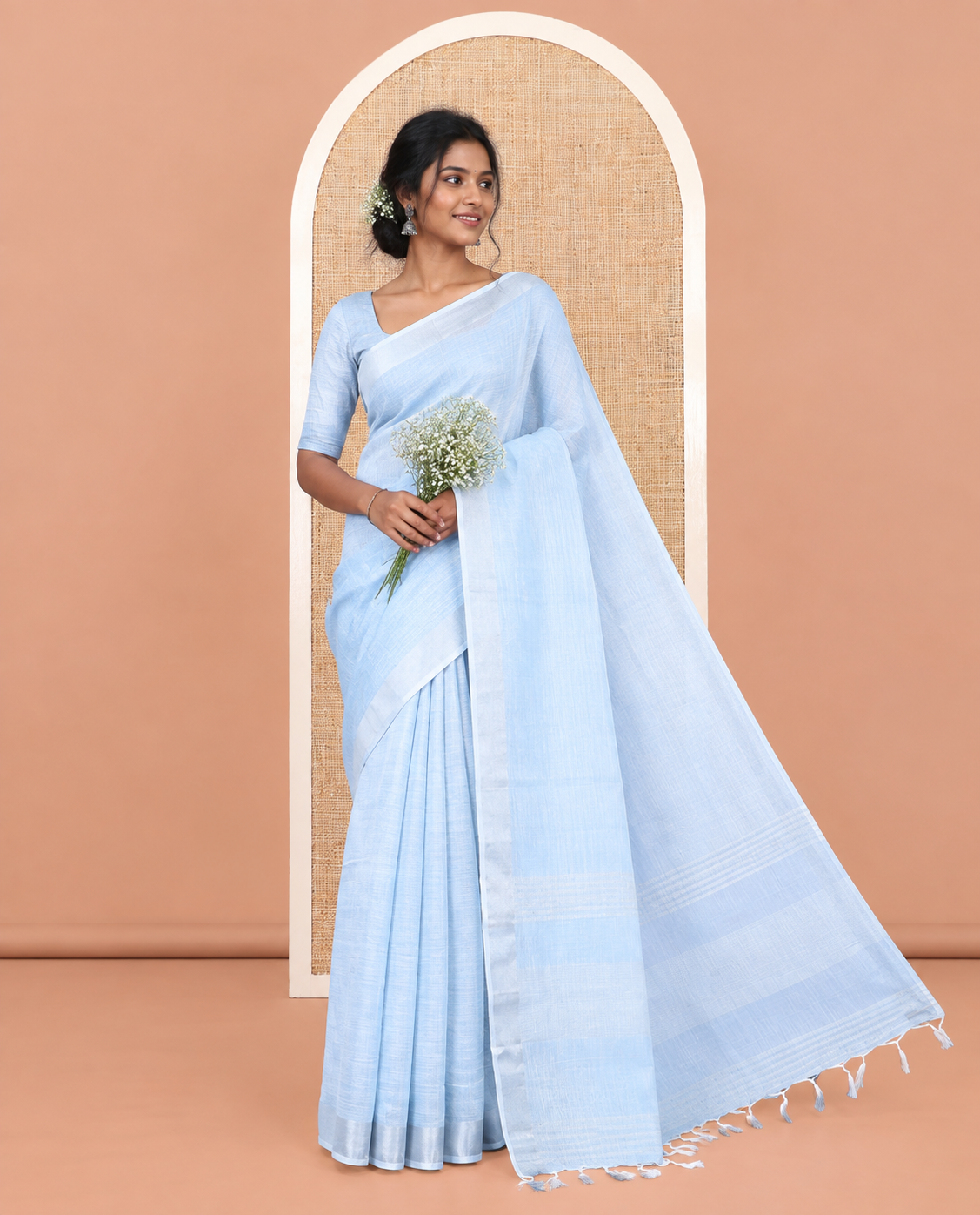 Sky Blue Plain Linen-Cotton Saree, a Zari Border, Striped Pallu, and a Matching Blouse