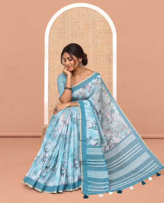 Peacock Green Linen Cotton Saree, Detailed with Floral and Deer Motifs Print, a Contrast Border, Striped Pallu, Contrast Blouse