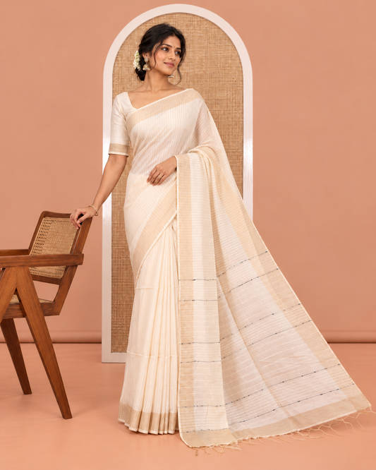 Cream Bhagalpuri Cotton Saree Features Vertical Stripes, a Zari Border, and a Matching Blouse