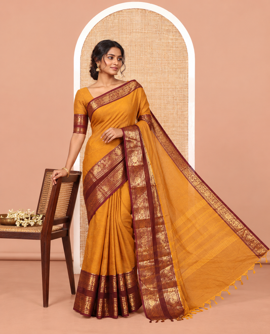 Mustard Plain Chettinad Cotton Saree, a Contrast Rettai Pettu Traditional Zari Border, Striped Pallu, and a Matching Blouse