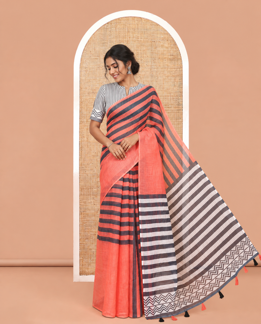 Borderless Orange Linen Cotton Saree, Accentuated with Stripes, a Self-Pallu of Stripes, and a Contrast Blouse